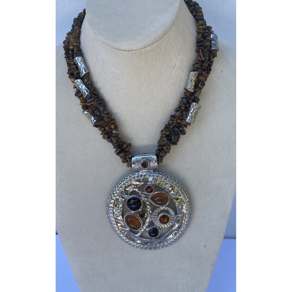 Necklace big pendant brown tone silver tone 17" inches bohemian chic 3"‎ pendant - Picture 5 of 12